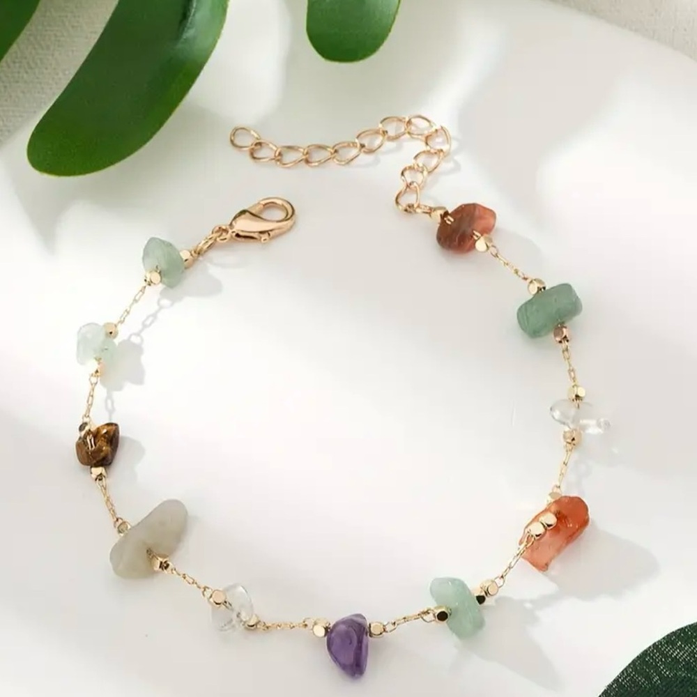 Bohemian 14K Plated Natural Stones Beaded Ankle Bracelet